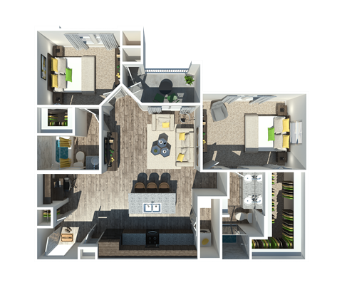 Floor plan for 2 beds, 2 baths, 1067 sqft